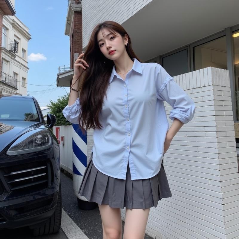 Dream clothes🌞เสื้อคอปกแขนสี่ส่วน💖เสื้อเชิ้ตแขนสั้นลำลองสีน้ำเงินฤดูร้อนดีไซน์หลวมด้านบน